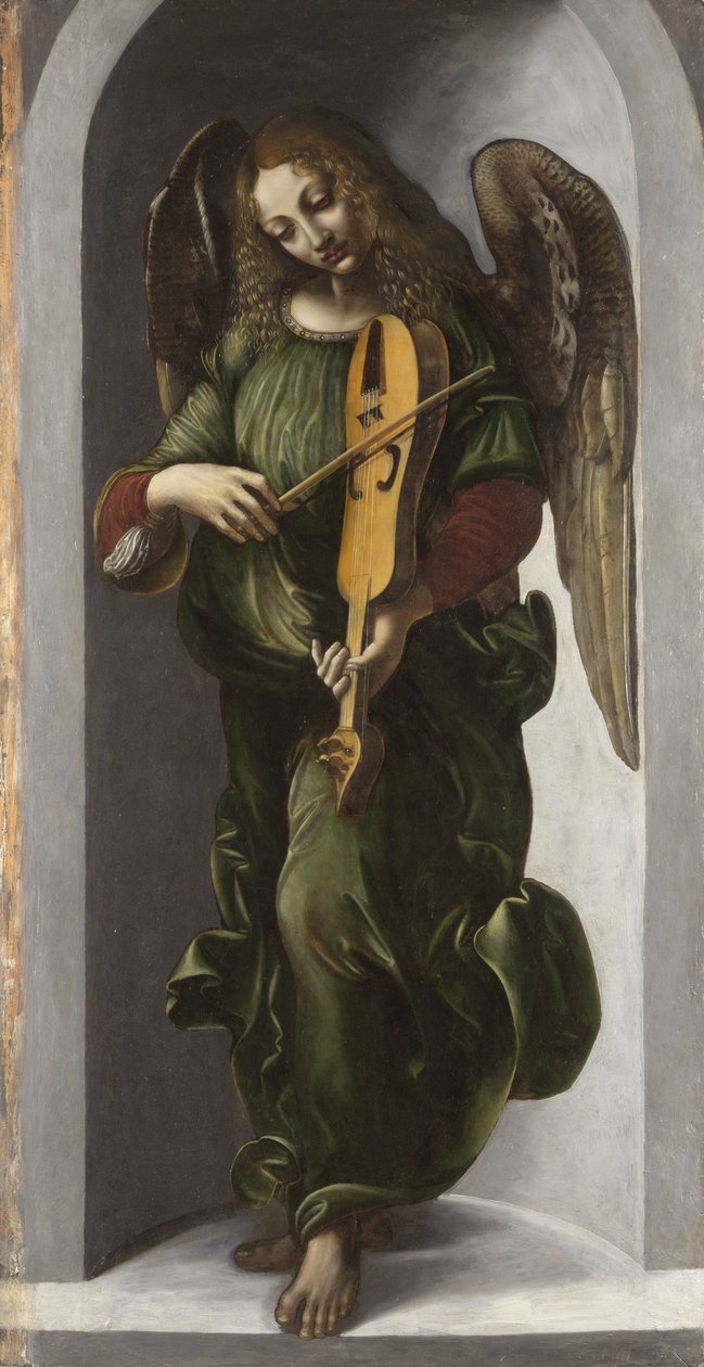 ""An Angel in Green Playing the Old (Old)"" Maleri fra følget til Leonardo da Vinci (Leonardo da Vinci) (1452-1519) ca. 1490-1499 London National Gallery av Leonardo da (circle of) Vinci
