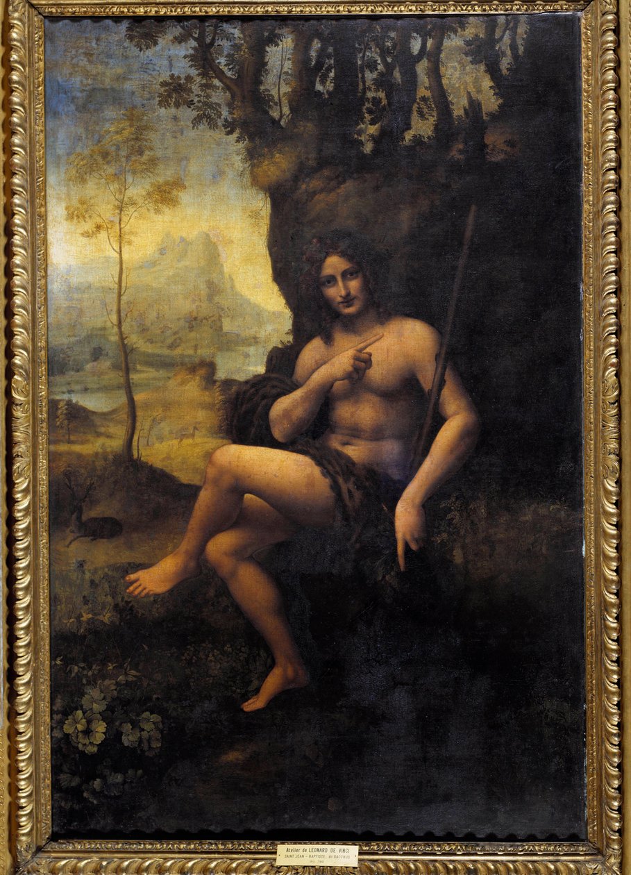 Bacchus-maleri fra verkstedet til Leonard de Vinci (Leonardo) (1452-1519) av Leonardo da (studio of) Vinci