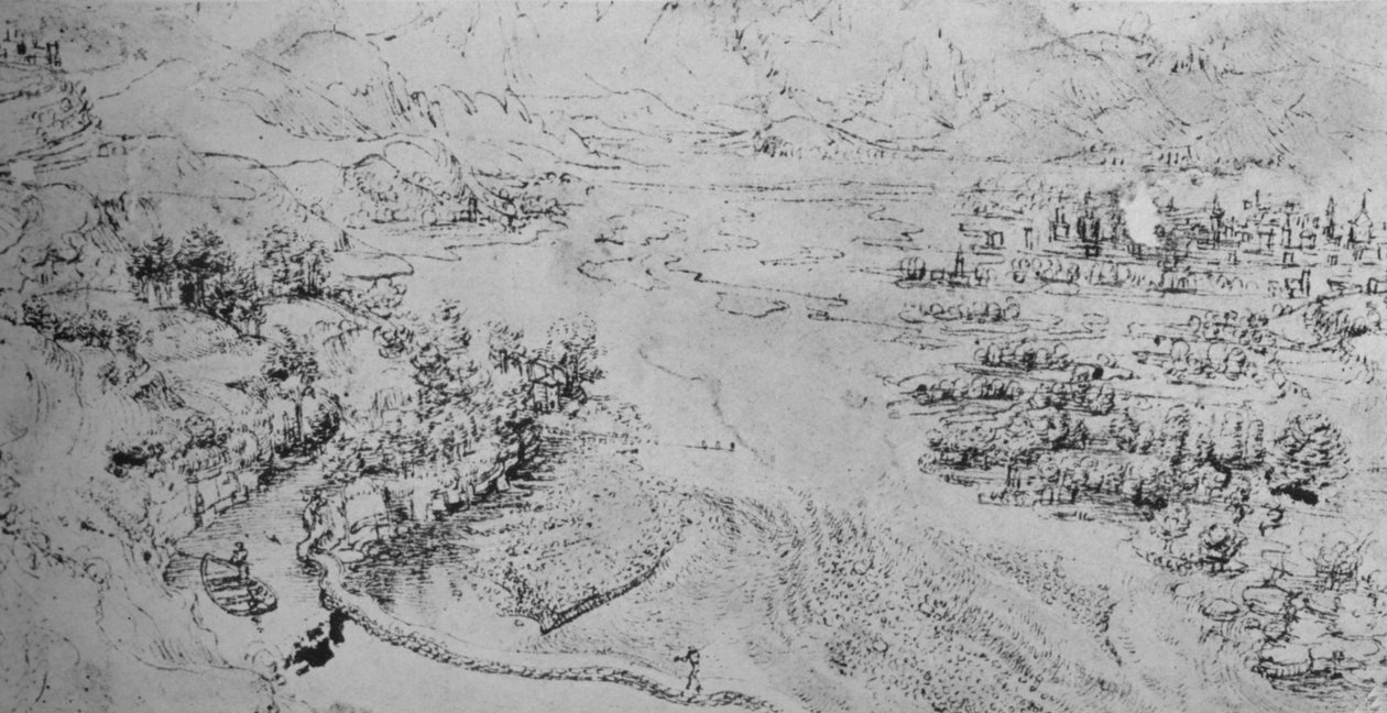 En bred elv med en kanal som renner ved siden av, c1480 1945 av Leonardo da Vinci