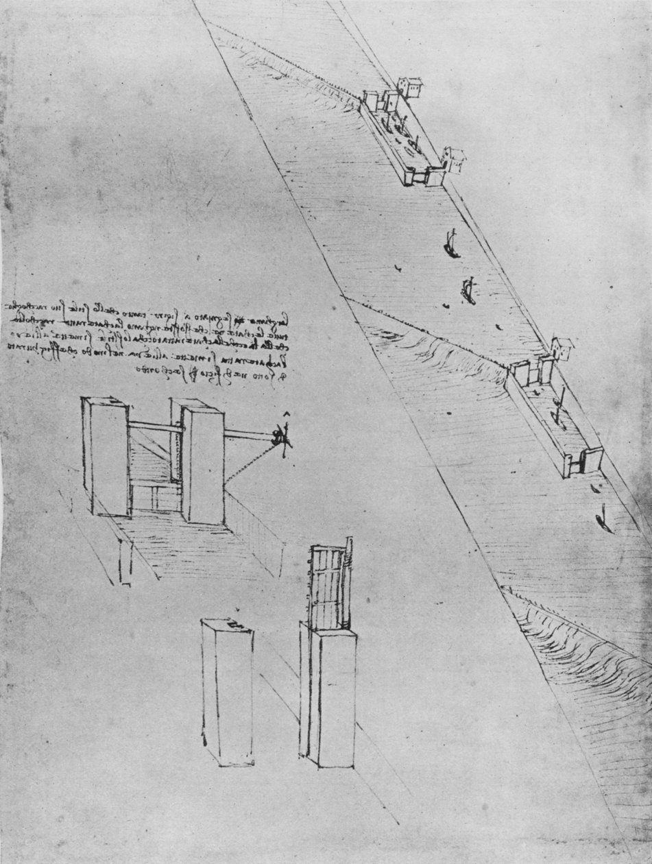 En kanal med sluser og veir, c1480 1945 av Leonardo da Vinci