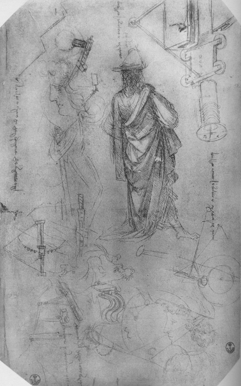 En drapert figur, studier av maskiner etc., c1480 1945 av Leonardo da Vinci