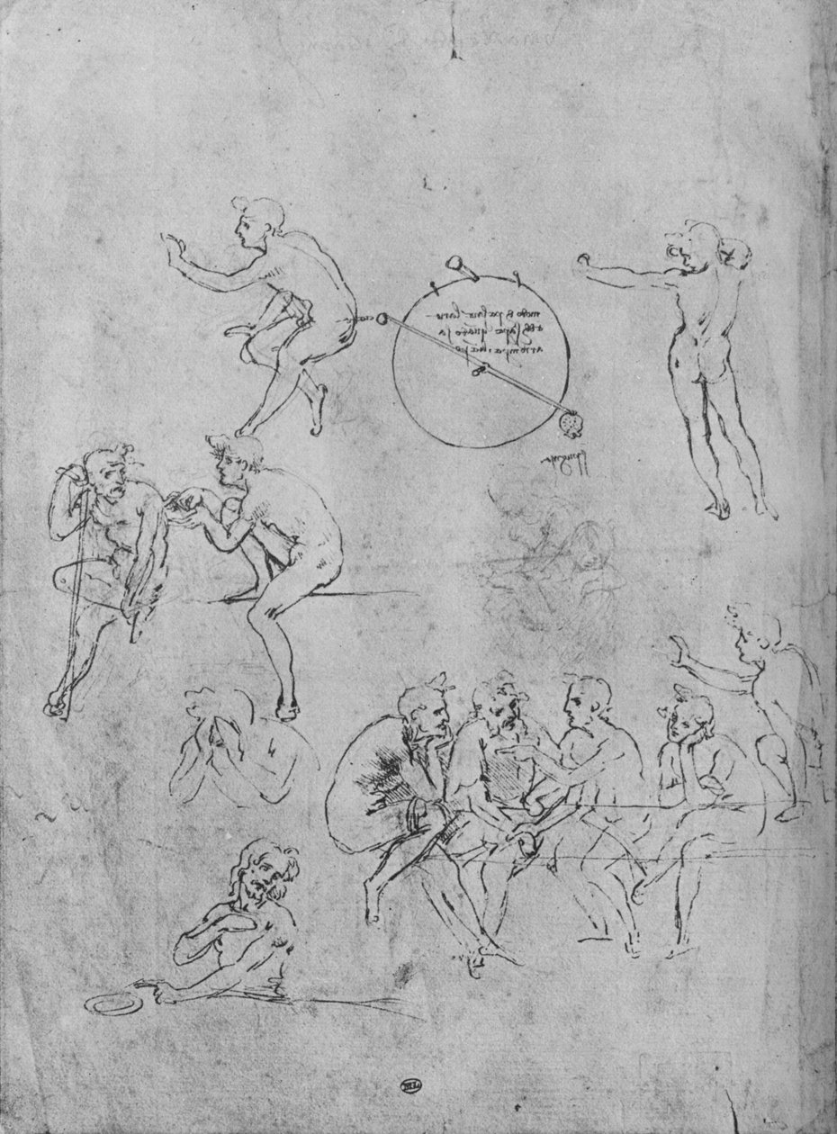 En gruppe figurer som snakker ved et bord, to figurer i samtale og andre, 1481-1483 1945 av Leonardo da Vinci