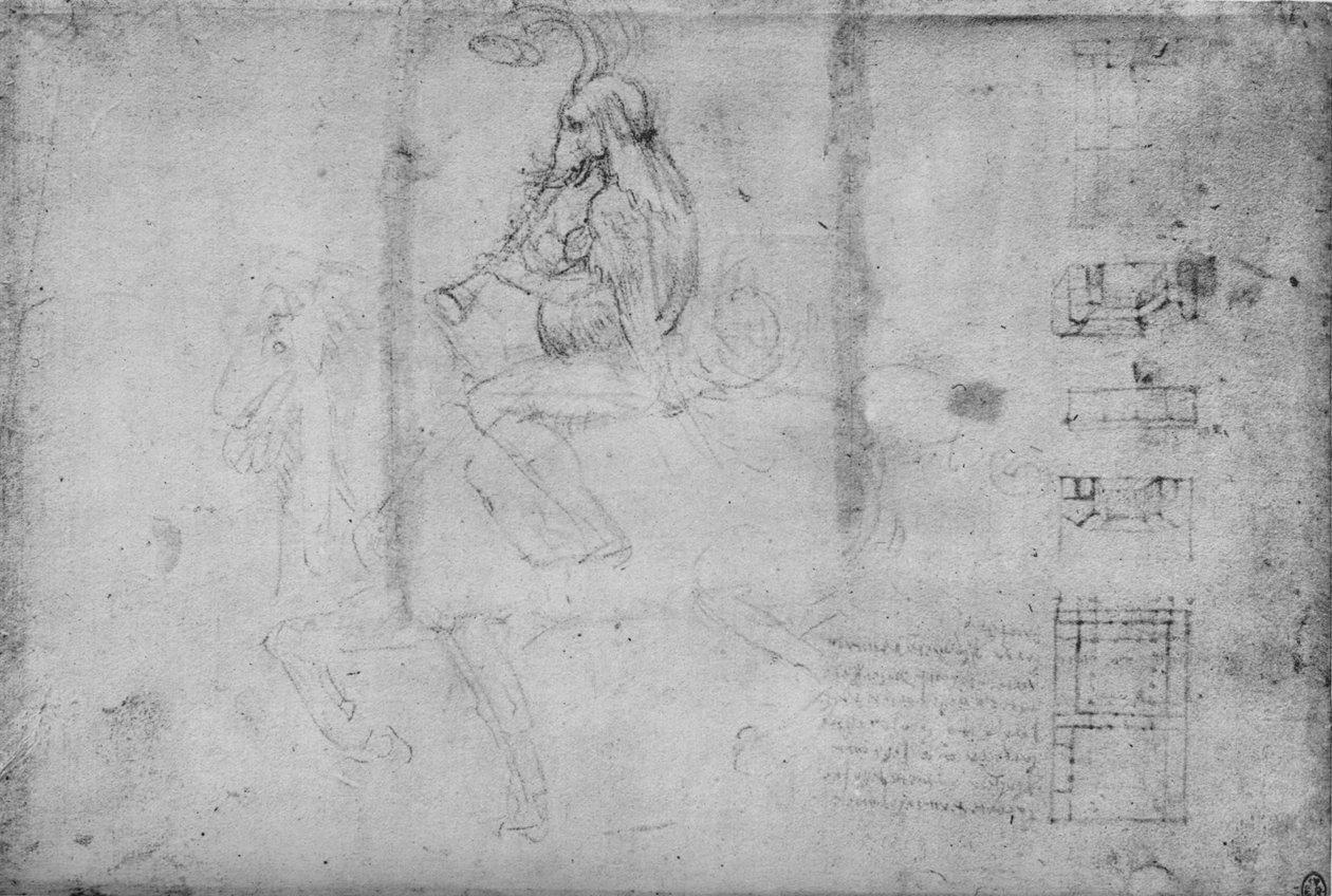 En mann med hodet til en elefant som rir på hesteryggen og arkitektoniske skisser, c1480 1945 av Leonardo da Vinci