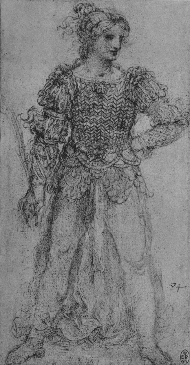 En kvinne som bærer en bodice av sammenflettede bånd, c1480 1945 av Leonardo da Vinci