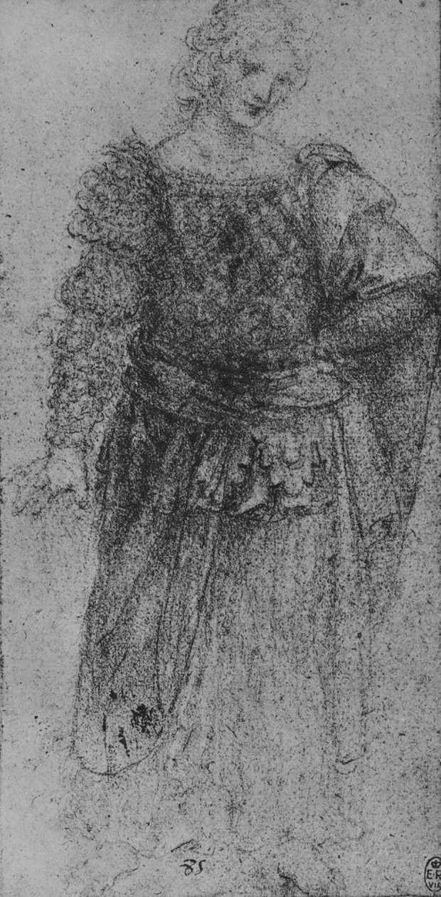 En kvinne med en flettet bodice og en kappe over venstre arm, c1480 1945 av Leonardo da Vinci