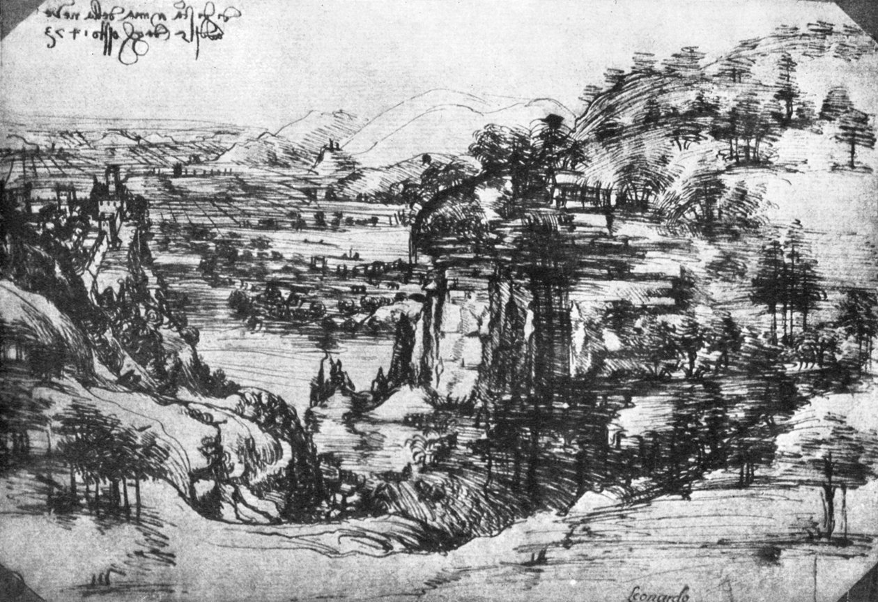 En skisse av utsikt over landskapet, 1400-tallet 1930. av Leonardo da Vinci