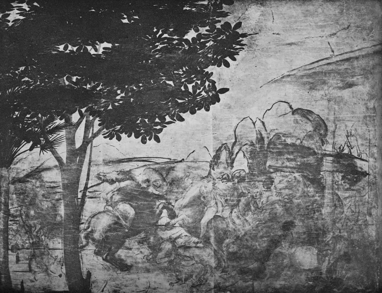 Adoration of the Magi - Slaget om ryttere i det fjerne til høyre, c1481 1945 av Leonardo da Vinci
