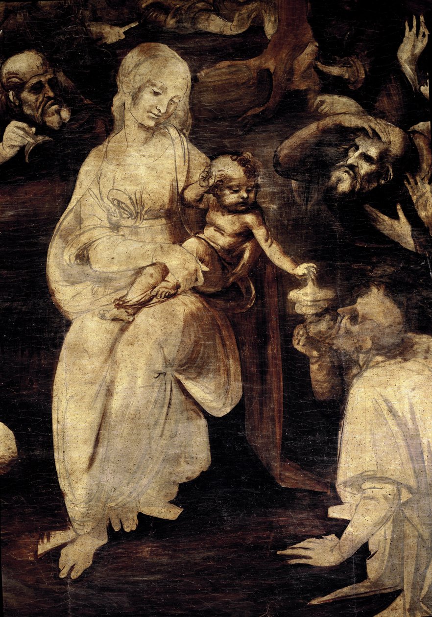 Tilbedelse av magiene. Detalj av jomfru Maria. (olje på tre av Leonardo da Vinci
