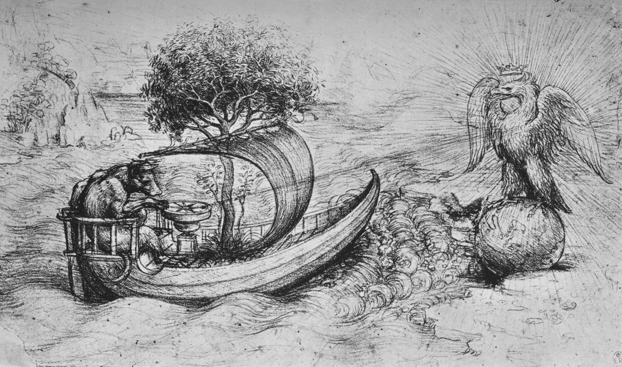 Allegory: A Crowned Eagle Standing on a Globe and a Wolf Steering a Boat, c1480 1945 av Leonardo da Vinci