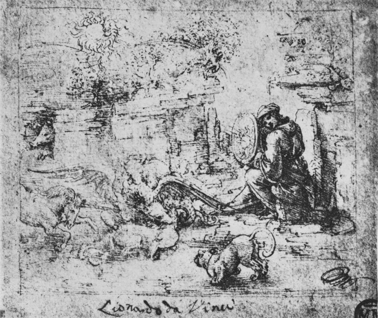 Allegori: Dyr som kjemper og en mann med et brennende glass, c1480 1945 av Leonardo da Vinci