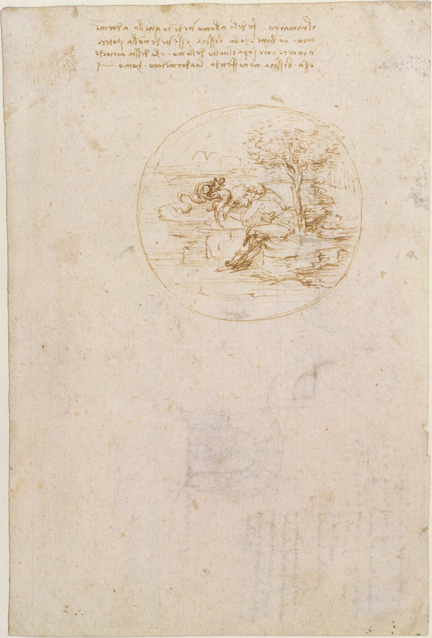 Allegori om øglens trofasthet (forsiden); Utkast til scenografi (baksiden) av Leonardo da Vinci