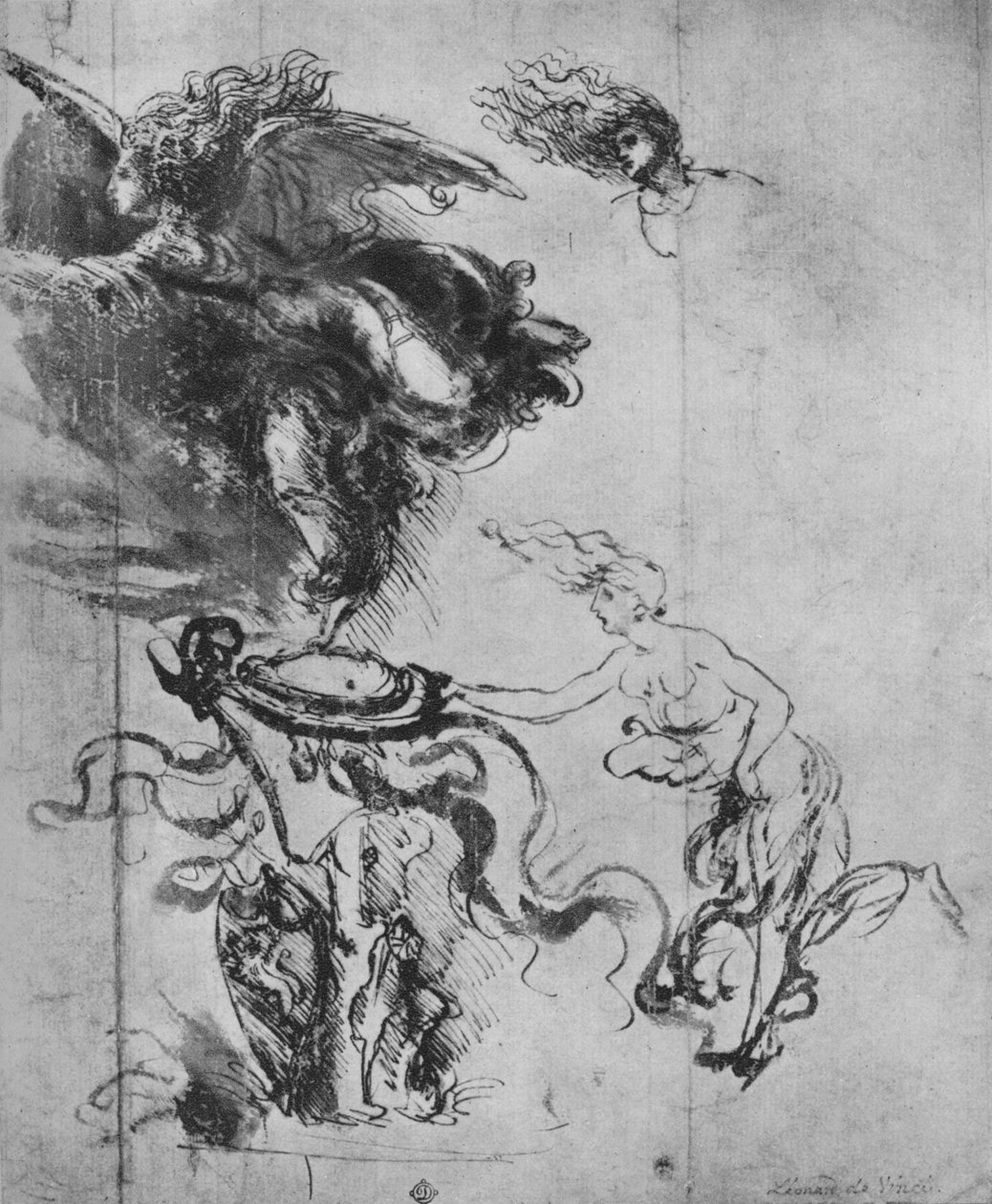 En engel som plasserer et skjold på et trofé og separate studier av engelen, c1480 1945 av Leonardo da Vinci
