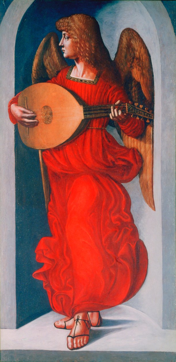 En engel i rødt med en lut, 1490-1499 av Leonardo da Vinci