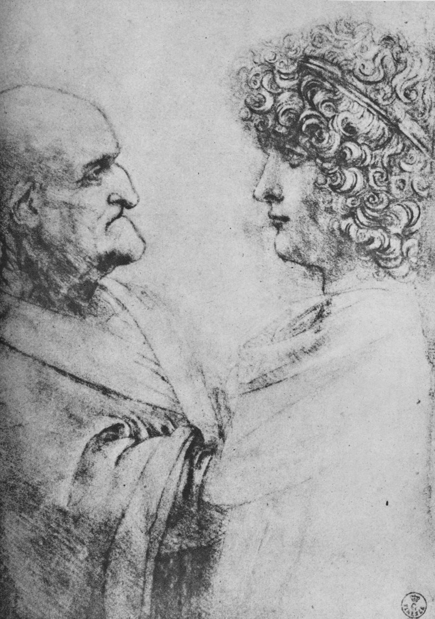 En gammel mann og en ungdom som står overfor hverandre, c1480 1945 av Leonardo da Vinci