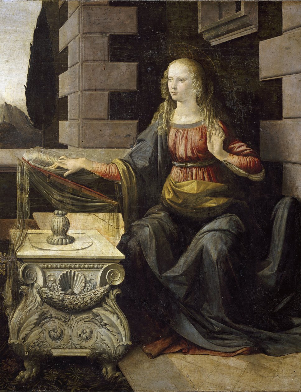 Kunngjøring. Detalj av Jomfru Maria og skrivebordet hennes, dekorert med et skall av St. James (olje og tempera på tre, ca. 1475) av Leonardo da Vinci