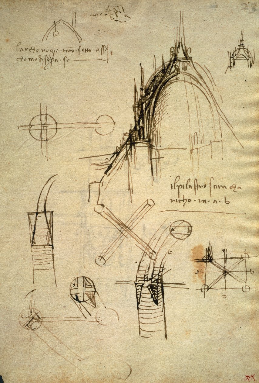 Arkitektoniske detaljer og seksjon av kuppelen til Duomo i Milano, f41 av Code Trivulzianus av Leonardo da Vinci