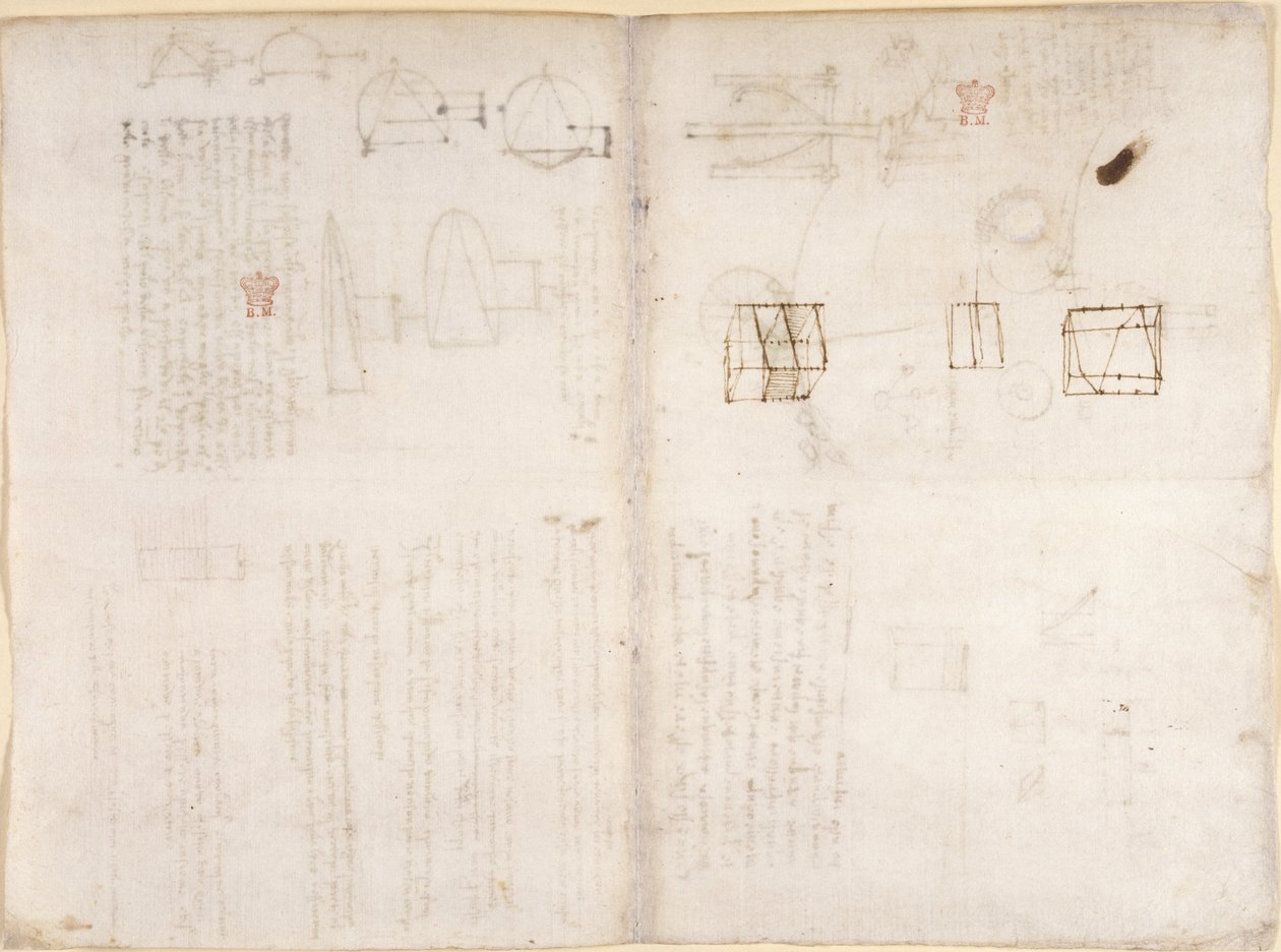 Arundel 263, f.130v, f.133 Blank side med diagrammer, fra 'Codex Arundel' (penn og blekk på papir) av Leonardo da Vinci