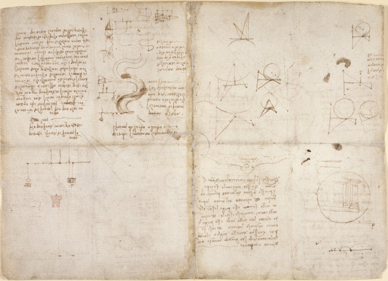 Arundel 263, f.135v, f.134, Notater og diagrammer om mekanikk; notater og skjematiske skisser om elveløp og vannføring, fra 