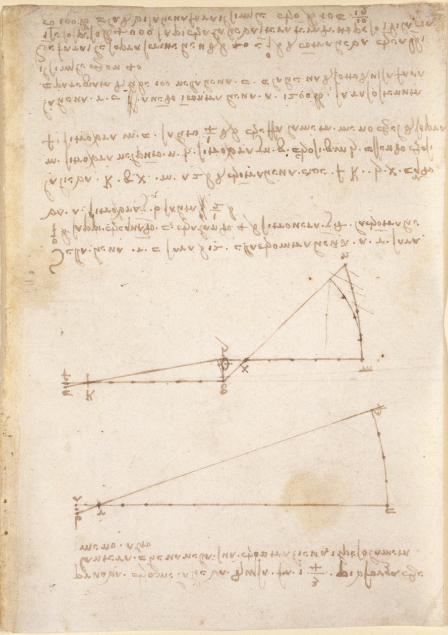 Arundel 263, f.214 Tegninger på de mekaniske kreftene og kreftene, perkusjon, gravitasjon, bevegelse, optikk og astronomi, med ulike aritmetiske og geometriske forslag (penn og blekk på papir) av Leonardo da Vinci