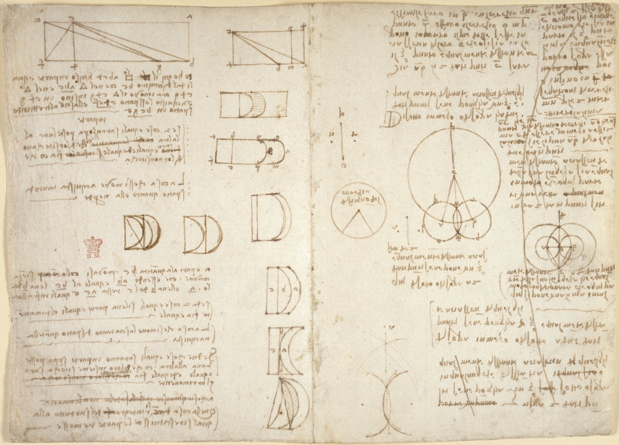 Arundel 263, f.222v, f.219, Tegninger på de mekaniske kreftene og kreftene, perkusjon, gravitasjon, bevegelse, optikk og astronomi, med ulike aritmetiske og geometriske forslag (penn og blekk på papir) av Leonardo da Vinci