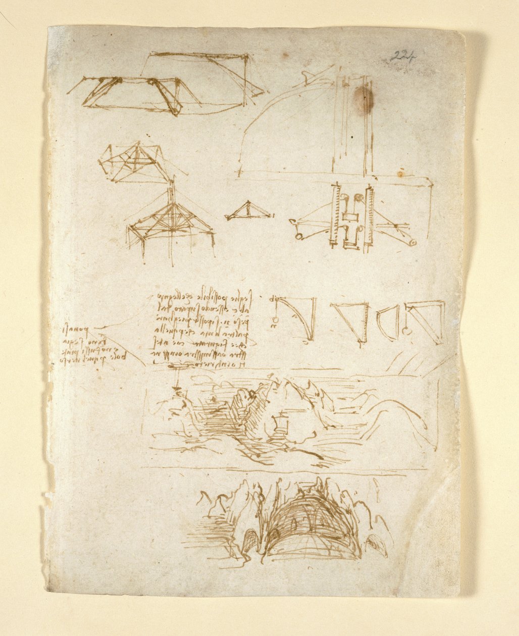 Arundel 263, f.224 Notater og diagrammer; skisser av fjell og en hule, fra 'Codex Arundel' (penn og blekk på papir) av Leonardo da Vinci