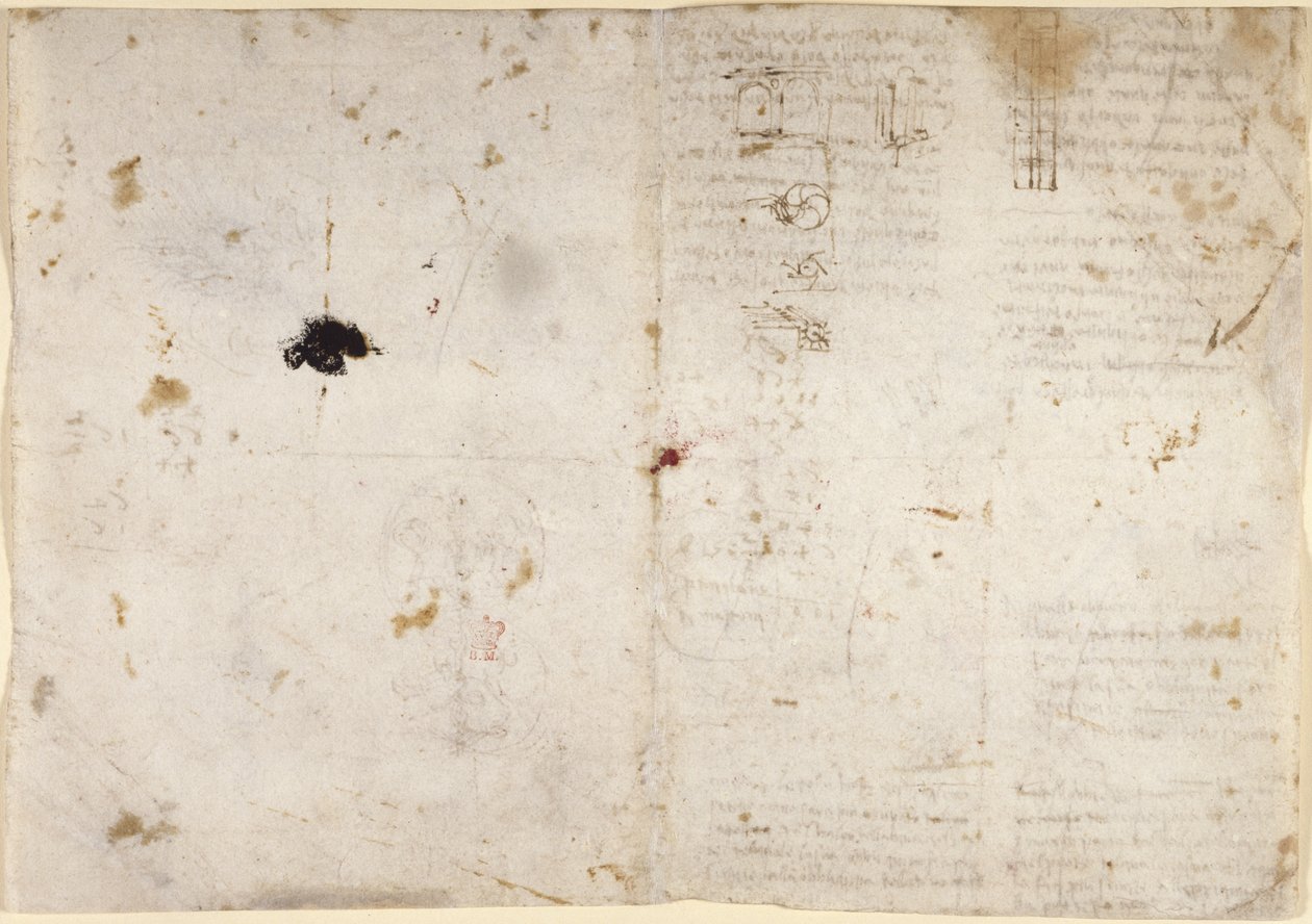 Arundel 263, f.225v, f.230 Tegninger på de mekaniske kreftene og kreftene, perkusjon, gravitasjon, bevegelse, optikk og astronomi, med ulike aritmetiske og geometriske forslag (penn og blekk på papir) av Leonardo da Vinci