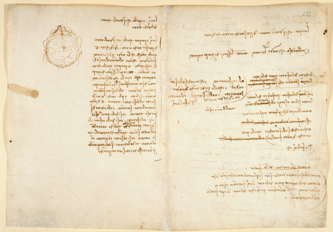 Arundel 263 f.236v, f.233 Notater om vann; skisse som illustrerer jordkloden, fra 