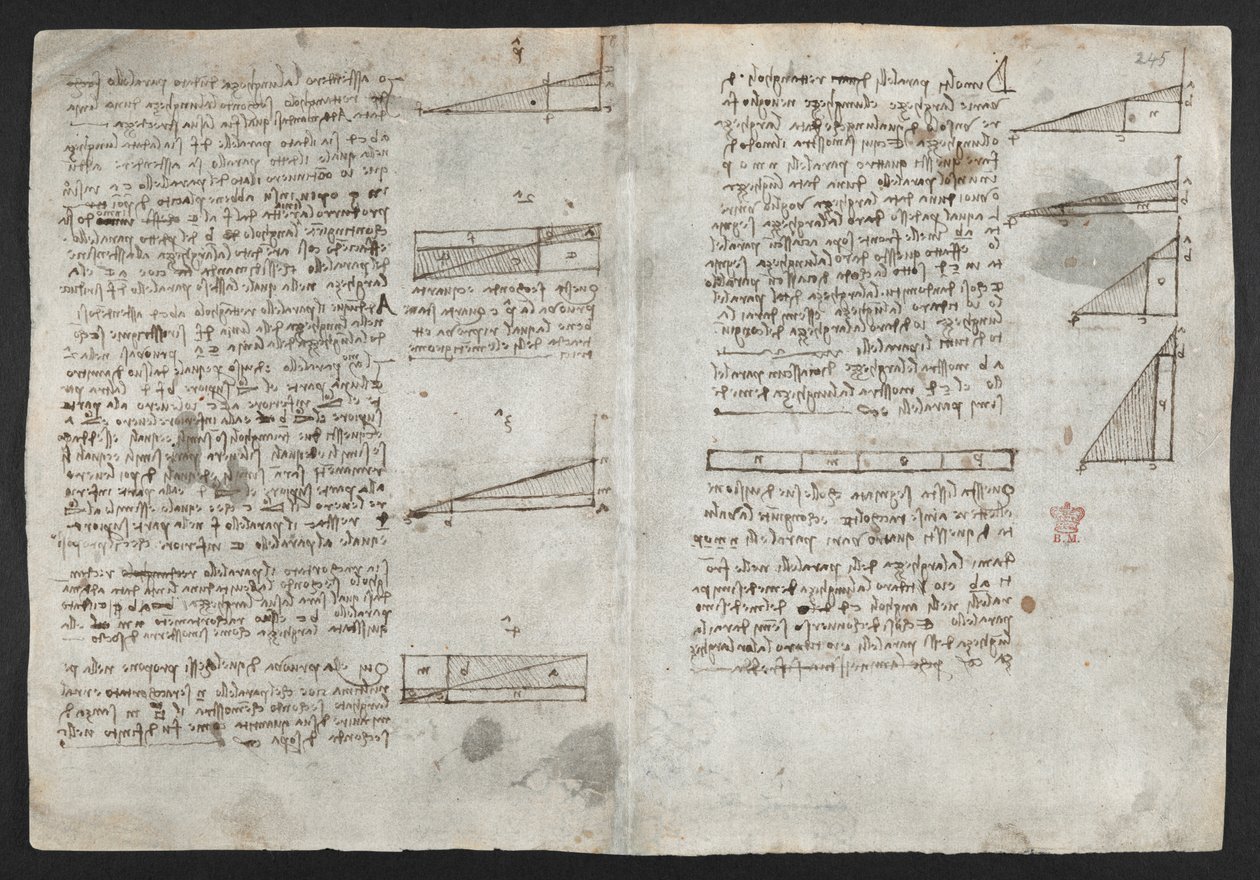 Arundel 263, f.246v Tegninger på de mekaniske kreftene og kreftene, perkusjon, gravitasjon, bevegelse, optikk og astronomi, med ulike aritmetiske og geometriske forslag, illustrasjon fra Leonardos 
