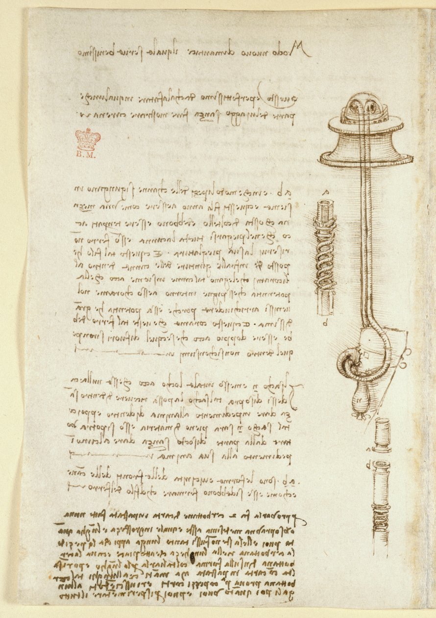 Arundel 263, f.24v Notater og skisser som illustrerer Leonardos studie av pusteapparat for en dykker (1508), fra 