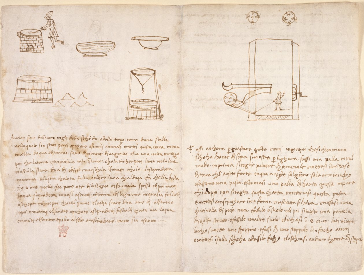 Arundel 263, f.259v, f.260 Notater og grove skisser om prosessen med å produsere salpeter for å tilberede krutt (ikke i Leonardos hånd) (penn og blekk på papir) av Leonardo da Vinci