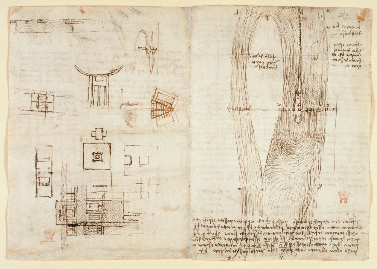 Arundel 263, f.264v Tegner på de mekaniske kreftene og kreftene, perkusjon, tyngdekraft, bevegelse, optikk og astronomi, med ulike aritmetiske og geometriske proposisjoner. av Leonardo da Vinci