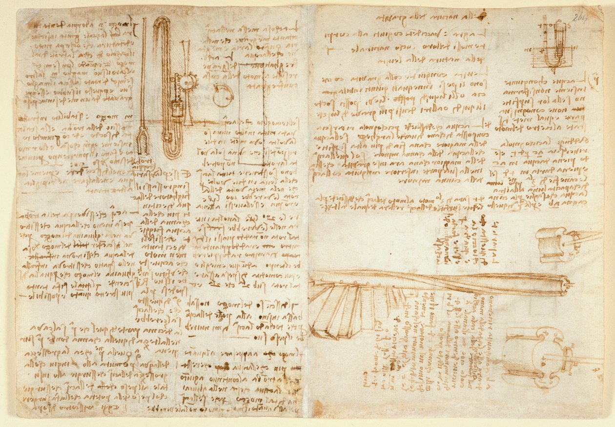 Arundel 263 f.269v, f.264 Notater og skisse på en hydraulisk enhet, fra 