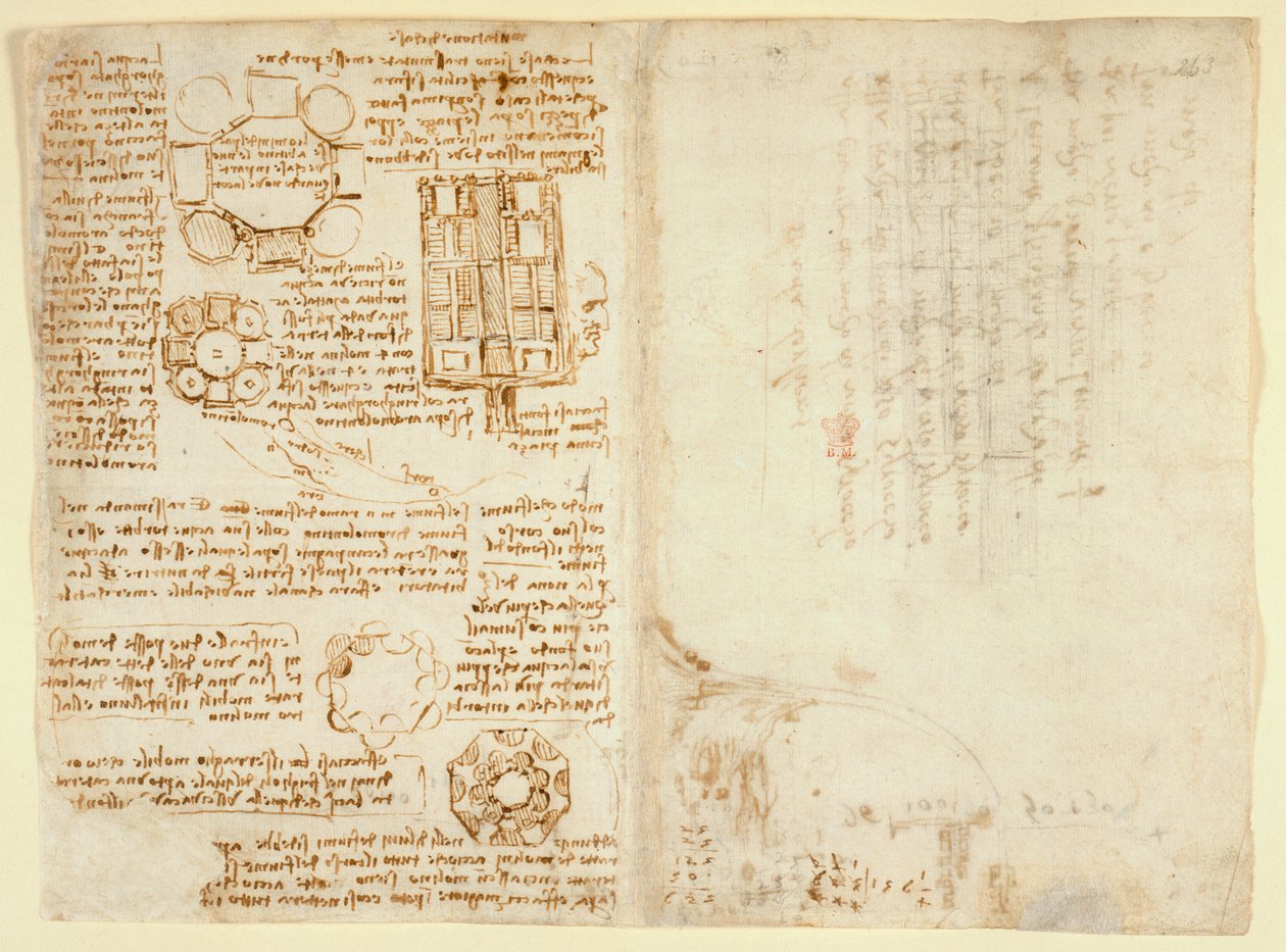 Arundel 263 f.270v, f.263, Tegninger av Leonardo Da Vinici om mekaniske krefter og krefter, perkusjon, gravitasjon, bevegelse, optikk og astronomi, med ulike aritmetiske og geometriske forslag (penn og blekk på papir) av Leonardo da Vinci
