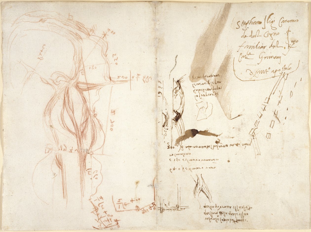Arundel 263, f.275v, f.274 Planimetrisk skisse av elven Arno; notater om avstander og veibeskrivelser av Leonardo da Vinci