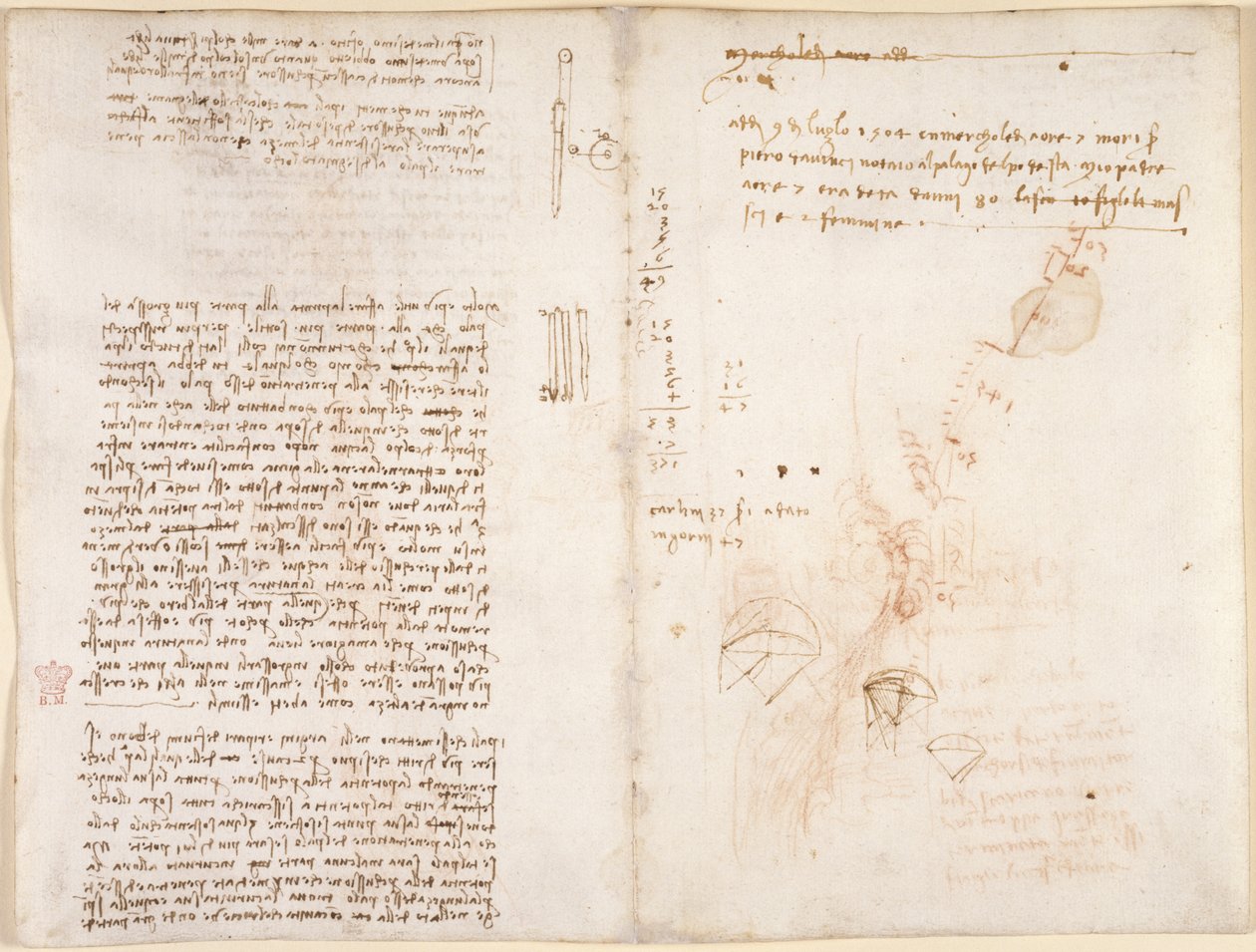 Arundel 263, f.277v, f.272 Notater og skisser om mekanikk, fra 