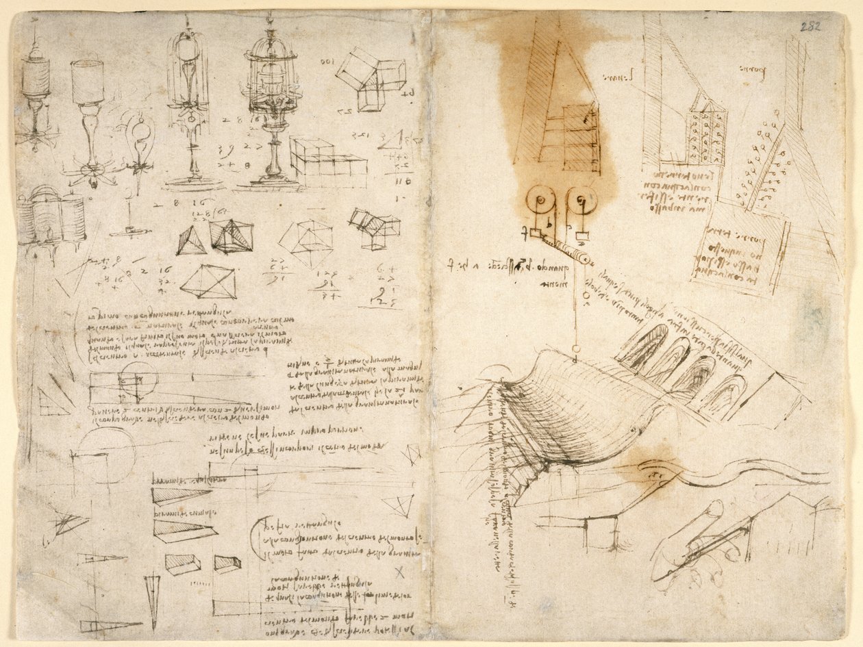 Arundel 263, f.283v, f.282 Skisser av hengslede lamper; notater om mekanikk; matematiske beregninger; geometriske skisser (penn og blekk på papir) av Leonardo da Vinci