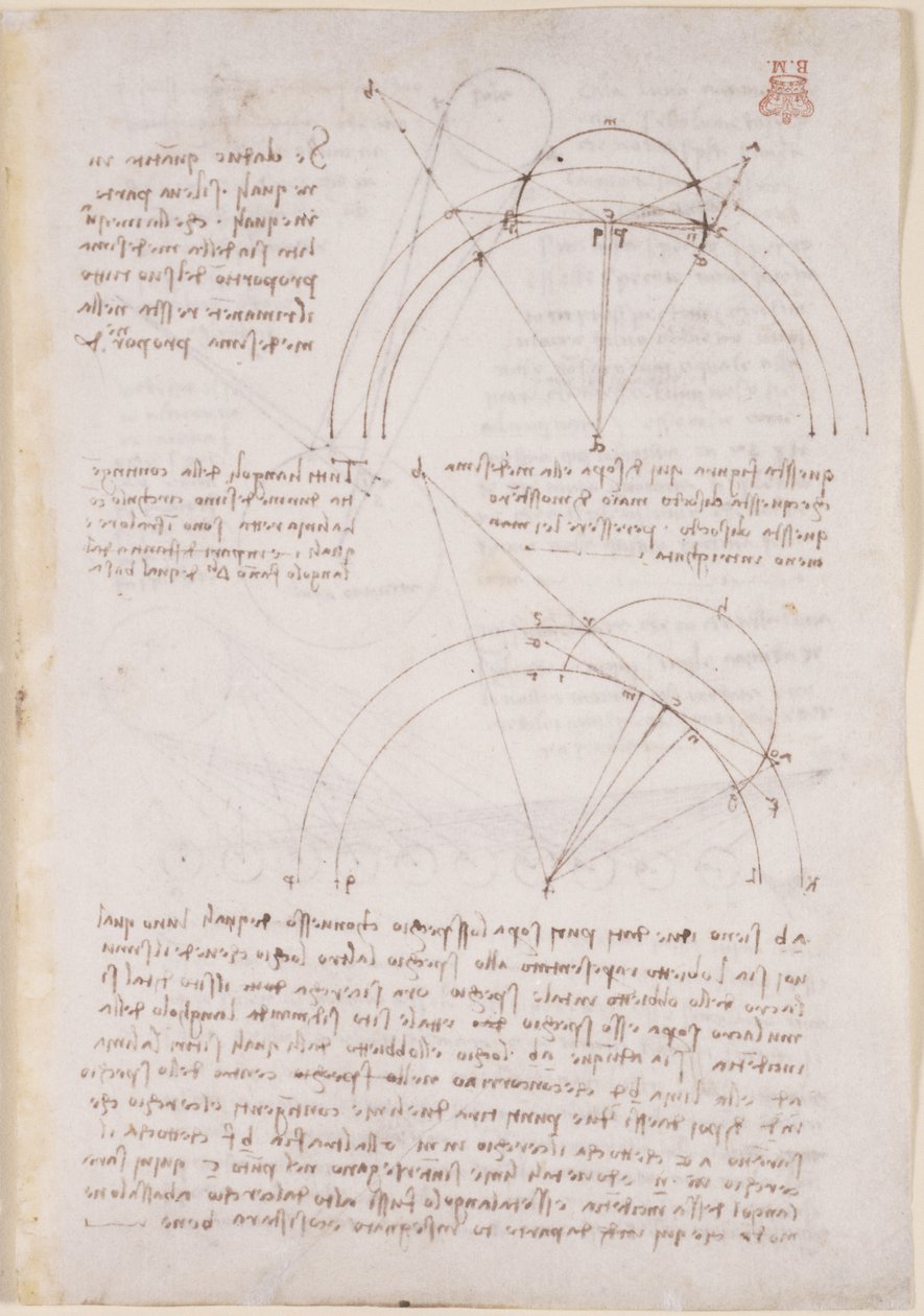 Arundel 263, f.28 Notater og geometriske diagrammer om optikk, med henvisning til Alhazens problem av Leonardo da Vinci