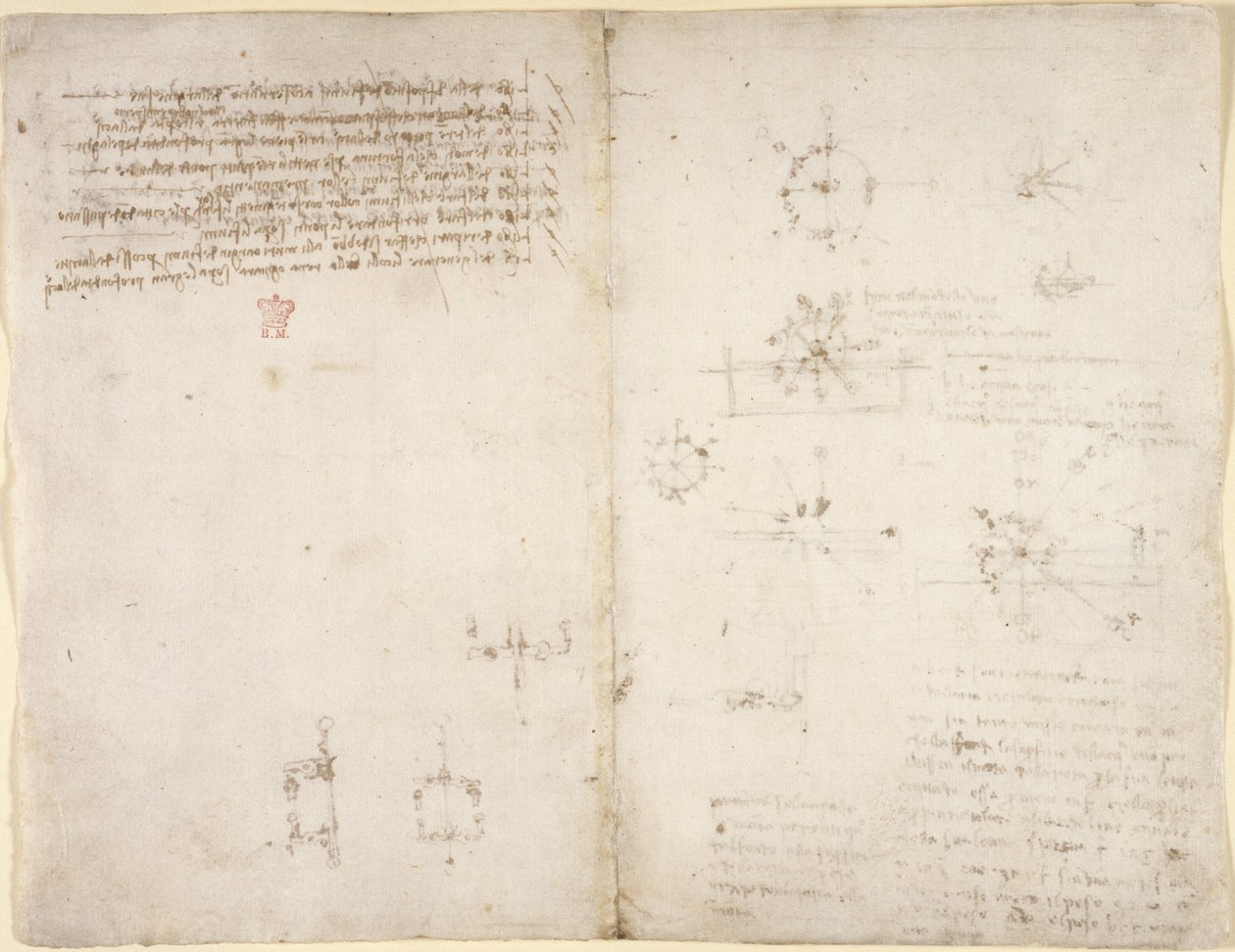 Arundel 263, f.35v, f.34 Tegninger på de mekaniske kreftene og kreftene, perkusjon, gravitasjon, bevegelse, optikk og astronomi, med ulike aritmetiske og geometriske forslag. av Leonardo da Vinci