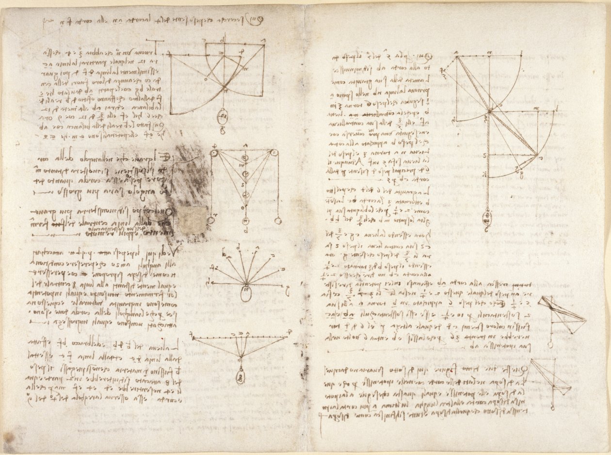 Arundel 263, f.3v, f.12 Notater og diagrammer om mekanikk av Leonardo da Vinci