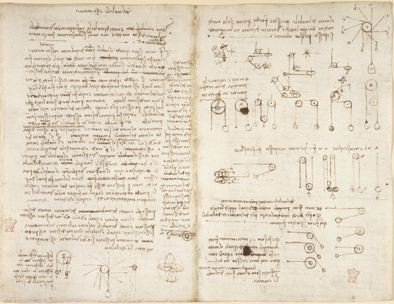 Arundel 263, f.43v, f.42, Notes and diagrams on mechanics, entitled 