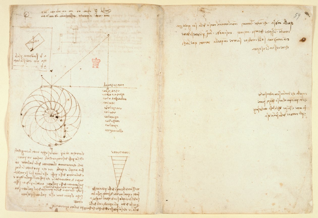 Arundel 263 f.44v, f.59 En skisse av et øye og en nese av et ansikt i profil; notater om vann, fra 
