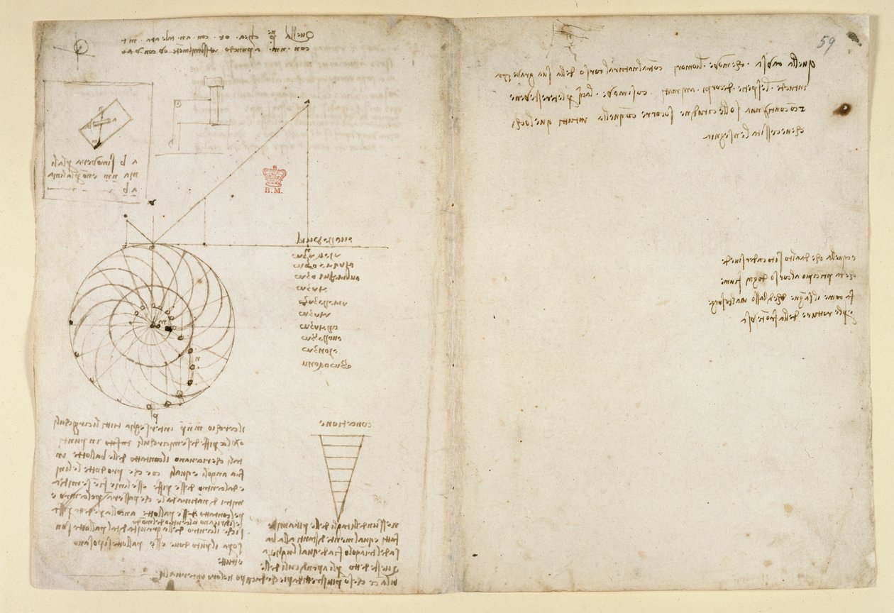 Arundel 263, f.44v, f.59 En skisse av et øye og en nese av et ansikt i profil; notater om vann, fra 