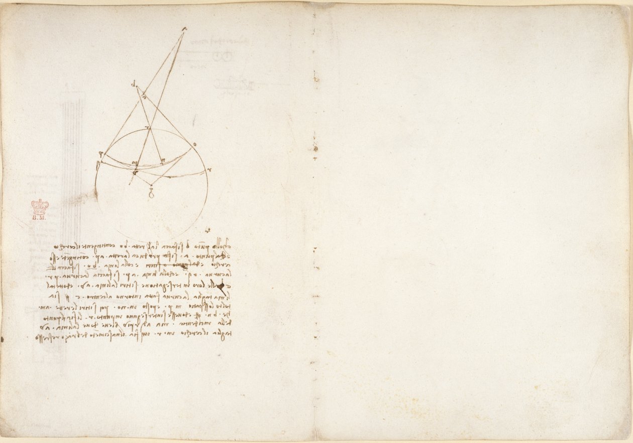 Arundel 263, f.48v, 55, Notater og diagram om optikk, angående Alhazens problem, fra 'Codex Arundel' (penn og blekk på papir) av Leonardo da Vinci