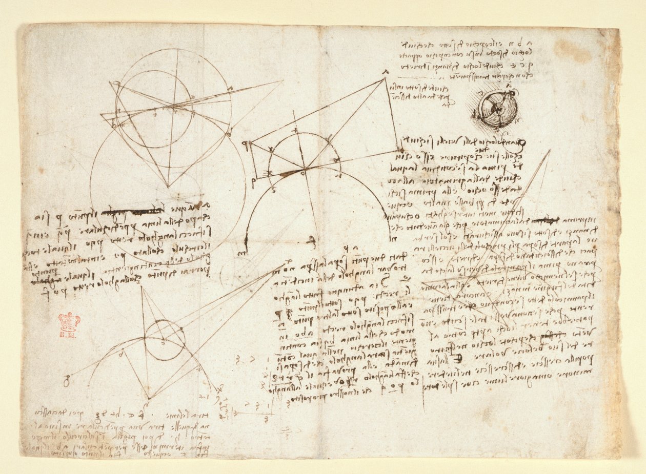 Arundel 263, f.64v Baksiden av et enkelt stort blad, tidligere bundet langs høyre kant og brettet inn i notatboken. Notater og diagrammer om optikk, angående Alhazens problem; skjematisk skisse av et øyeeplet ledsaget av notater knyttet til L av Leonardo da Vinci