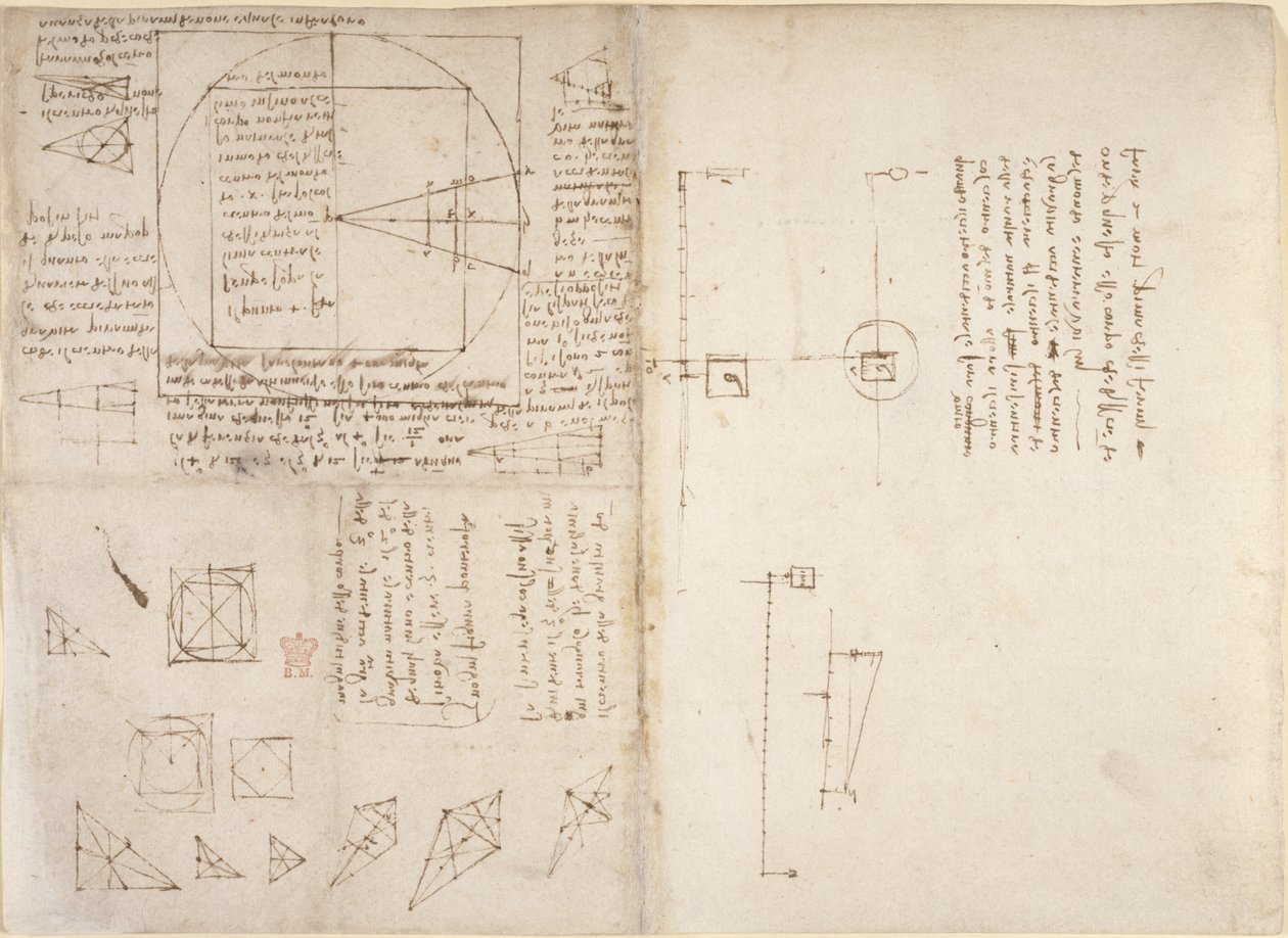 Arundel 263, f.72v, f.69 Notater og diagrammer om mekanikk og tyngdepunktet, fra 'Codex Arundel', c.1503-5 (penn og blekk på papir) av Leonardo da Vinci