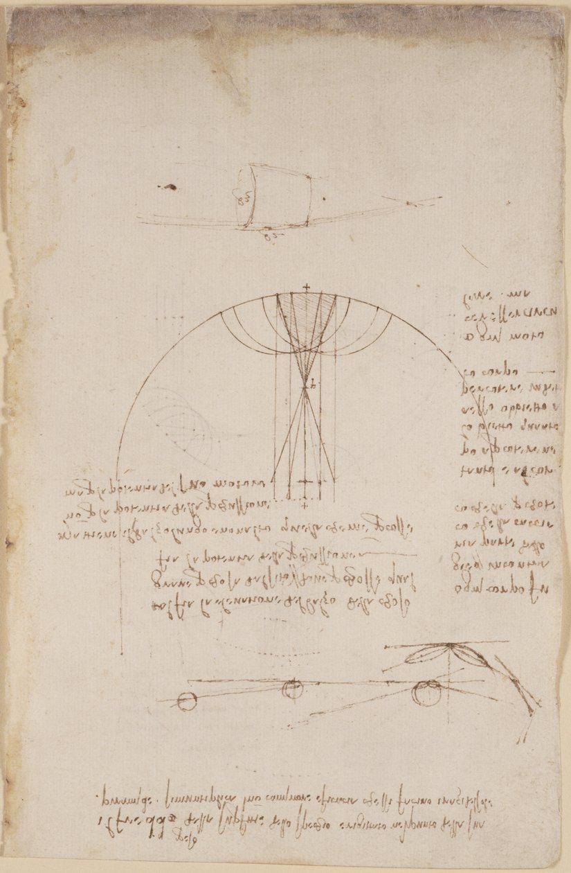Arundel 263, f.85 Diagrammer om optikk, angående refleksjonens kaustikk; notat og skisse om mekanikk, om kraften til slagverk og med referanser til det aristoteliske prinsippet 