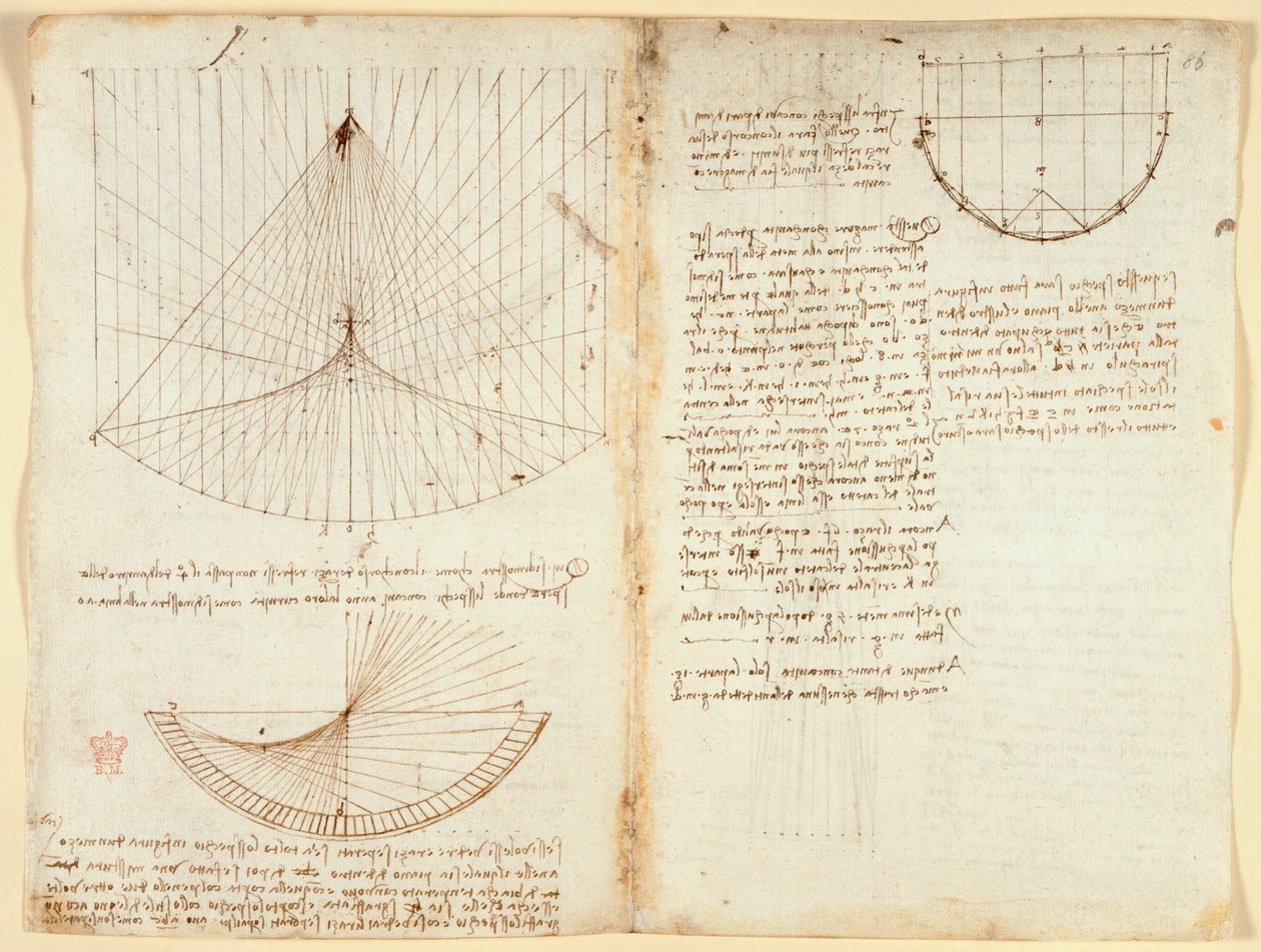 Arundel 263 f.87v, f.86 Notater og diagram om optikk, angående refleksjonens kaustikk, c.1503-5 (penn og blekk på papir) av Leonardo da Vinci