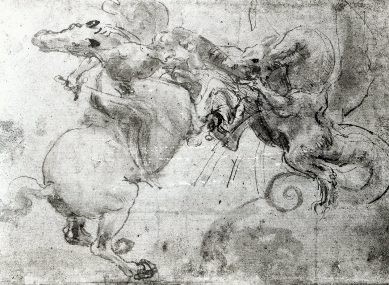 Kamp mellom en rytter og en drage, ca. 1482 (undertegning med penne, penn og pensel på papir) av Leonardo da Vinci