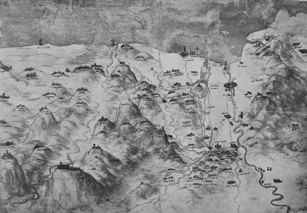 Fugleperspektiv av en del av Toscana, c1480 1945 av Leonardo da Vinci