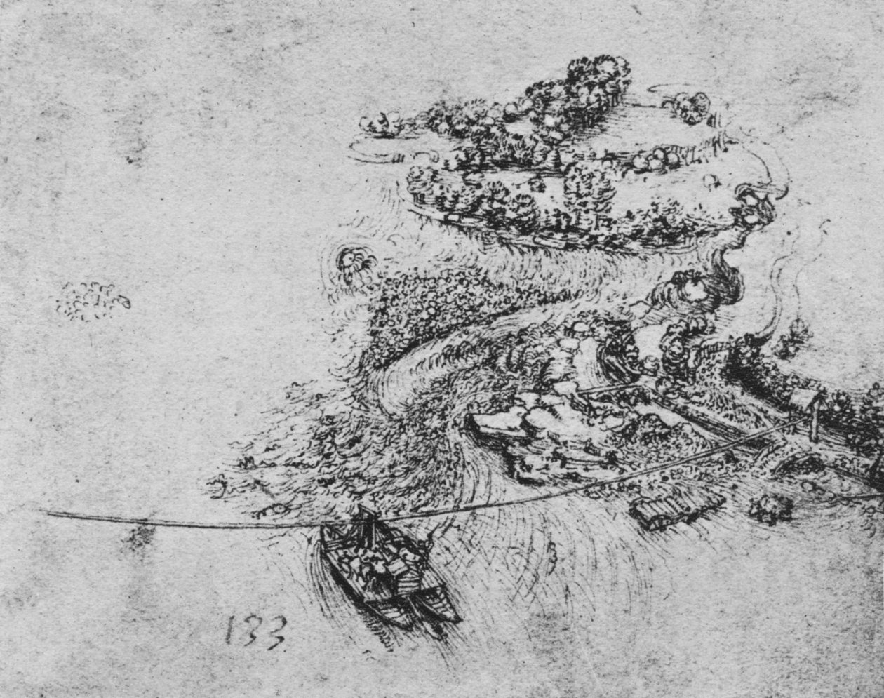 Fugleperspektiv av en elv med en tauferge, c1480 1945 av Leonardo da Vinci